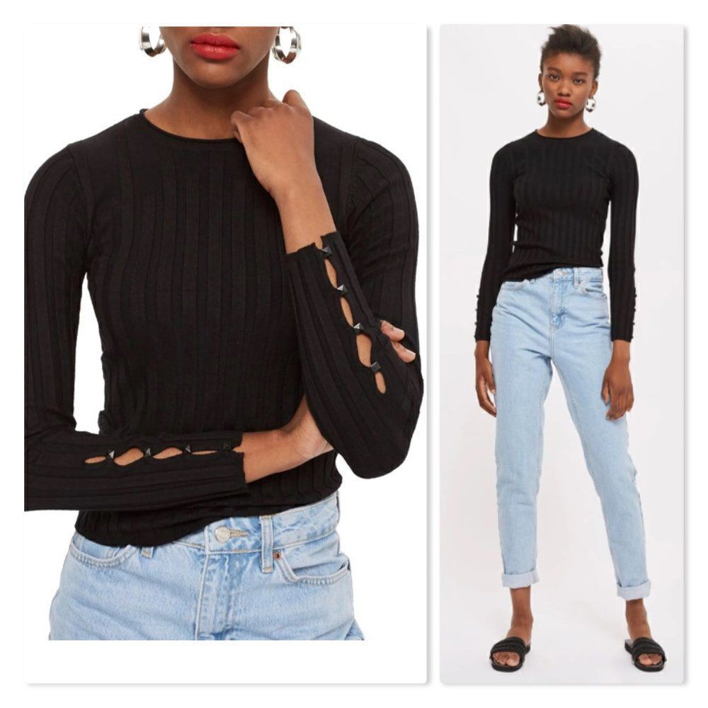 Topshop Button Sleeve Ribbed Sweater - size 4 in Black